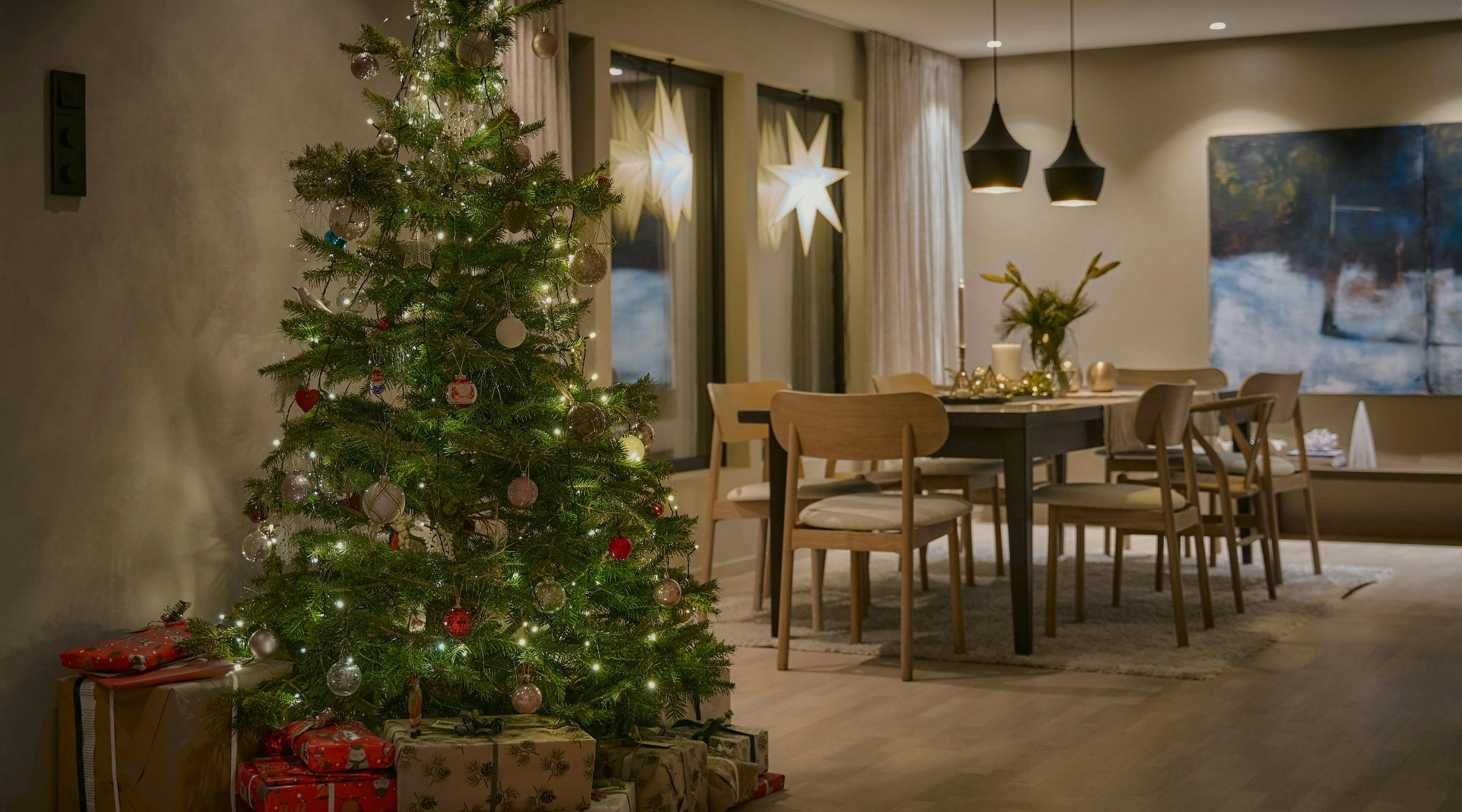 Living room with Christmas tree.