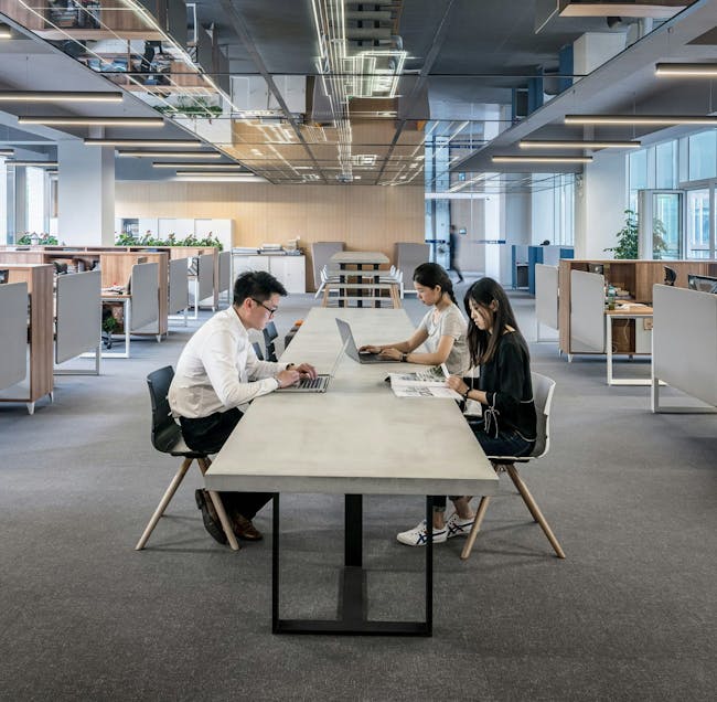 Office workers at table on carpet