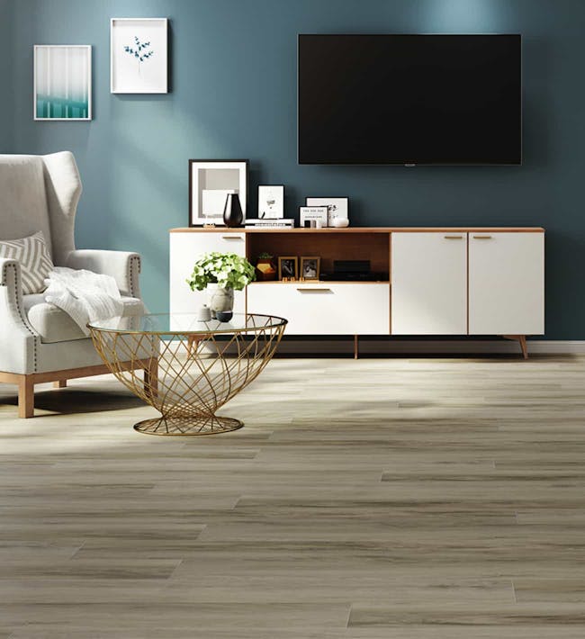 Modern living room with LVP flooring.