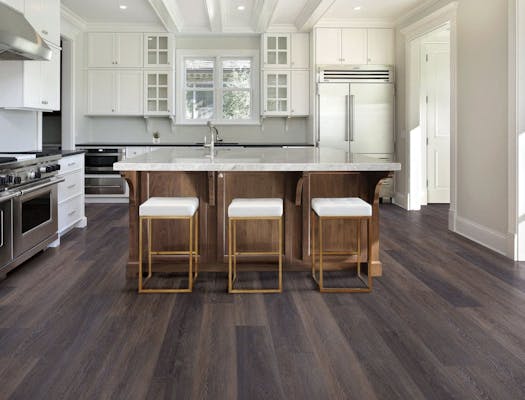 Dark wood vinyl floor in kitchen